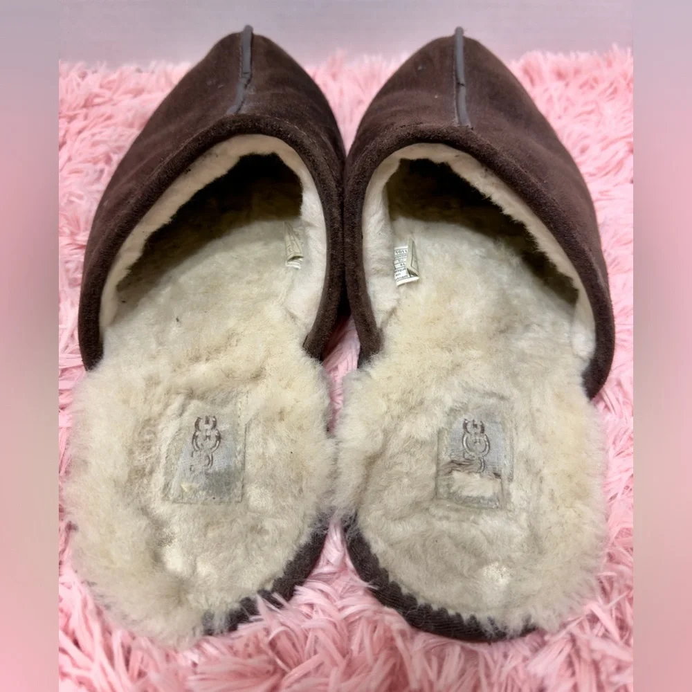 UGG MEN'S SCUFF BROWN SUEDE LEATHER SHEARLING WOOL‎ DISTRESSED  MULE Size 11 GUC